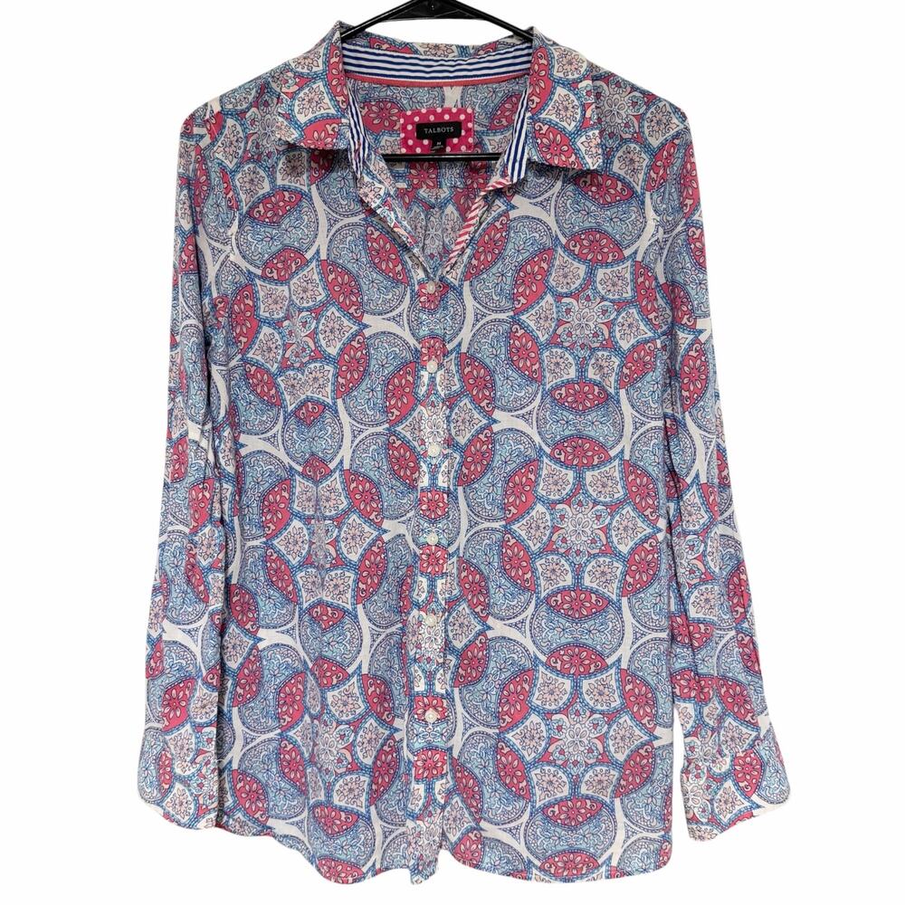 TALBOTS Geometric Floral Print Button Down Shirt Sz Medium Blue Pink LIGHTWEIGHT